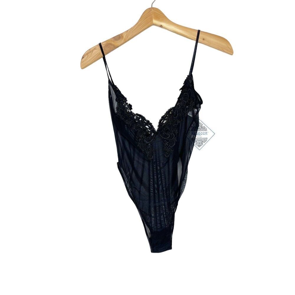 NEW Vintage 90s Rebecca Intimates Small High Cut Black Sheer Negligee Bodysuit